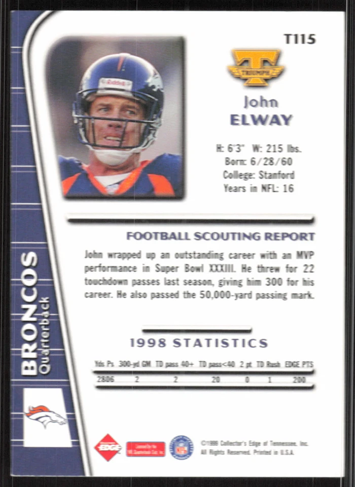 John Elway, 1999 Collector's Edge Triumph, #T115, Denver Broncos, - Image 2 of 2
