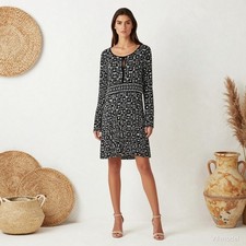 Retro Mod Knee Length Dress Black White Geometric Jersey Shift Keyhole L