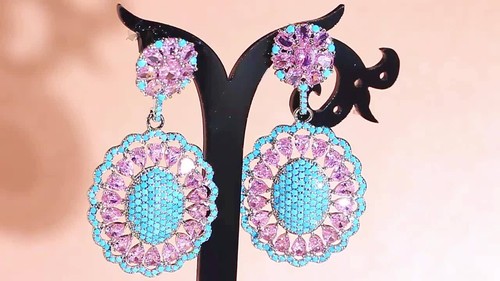 Versilberter CZ rosa blau hängender Tropfen Ohrring für Frauen charmant Blume Schmuck - Video 1 von 1