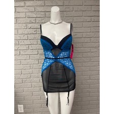 Black Fuchsia by Secret Lace Blue Black Lace Women Teddy Size L NWT