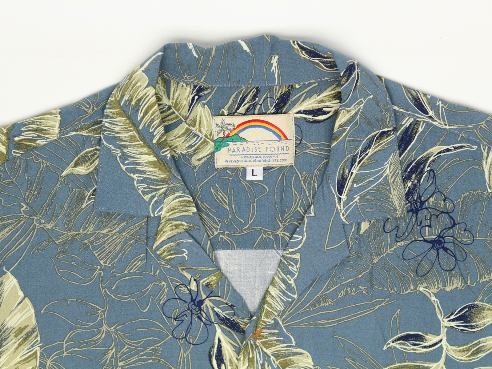 Paradise Found Mens Hawaiian Shirt L Green Floral Leaf Print Button Up Rayon 