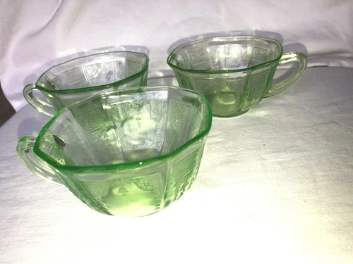 3 Green Princess Depression Glass Cups Vintage Hocking USA