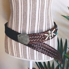 Vintage Bohemian Southwestern Braided Leather Belt Beaded Art Deco