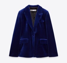 Zara Blue Tailored Velvet Blazer Ink Size Xs Ref 2054/514 Collar Rare