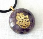 Orgone Pendant Necklace golden Hand of Fatima & Amethyst crystals. Made in USA
