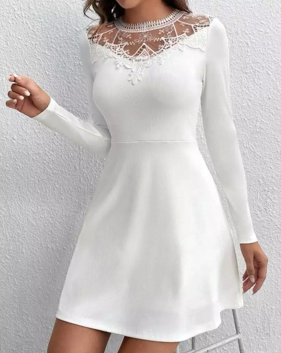 New White Contrast Guipure Lace A-Line Party Cocktail Party Dress M