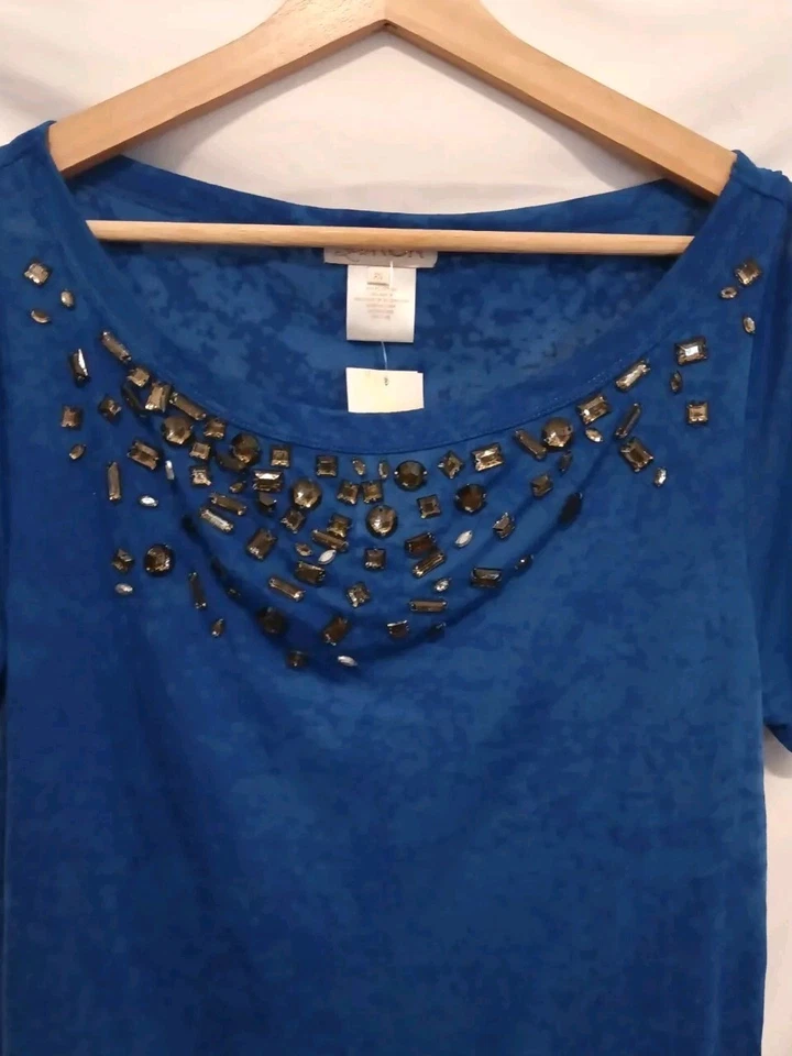 Camisa Pullover LaRok Mujer XS Azul Manga Corta Joyas Foto 2 de 4