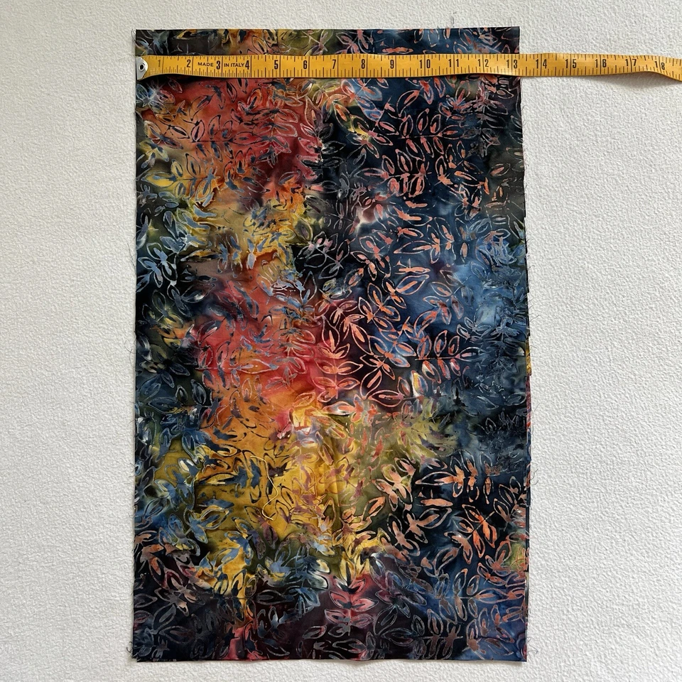 13” Batik Tie Dye Black Red Yellow Botanical Leaf Print Sew Quilt Cotton Fabric - Image 3 of 3