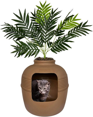 Hidden Cat Litter Box Enclosure with Artificial Plant, Decorative round Planter,