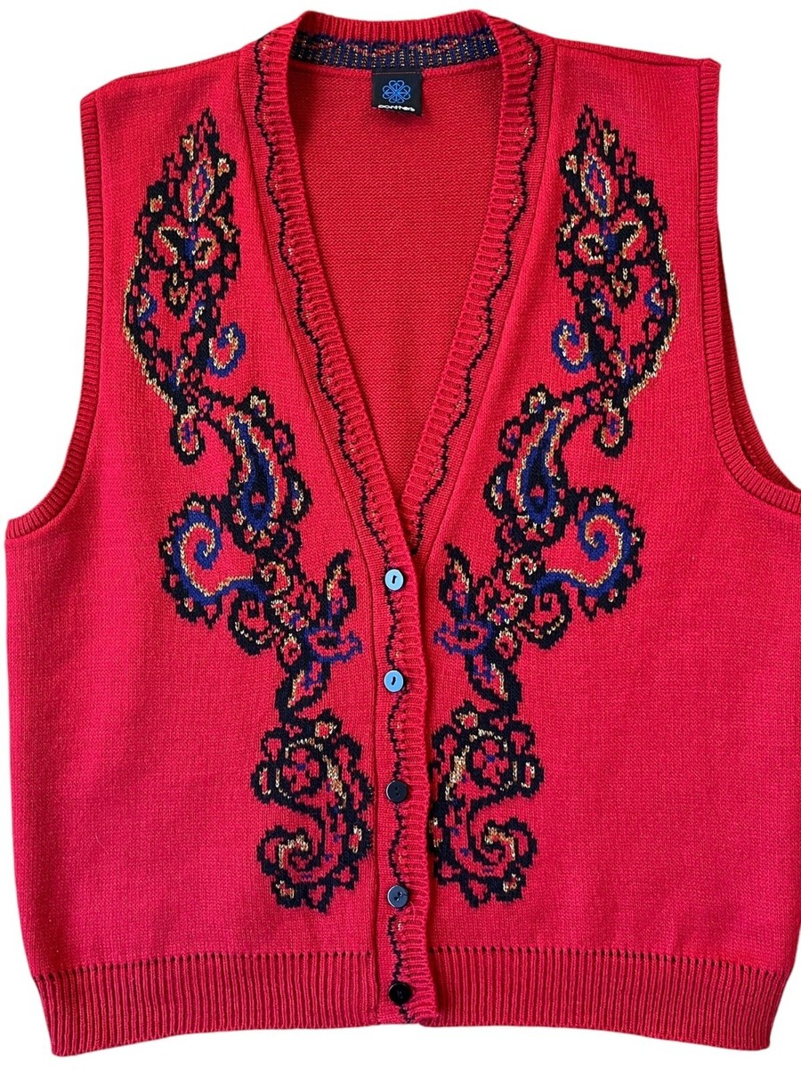 Y2K Panther Sweater Vest Womens XL-XXL Red Embroidered Paisley 90s 
