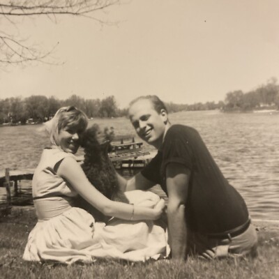 1950s Happy Couple Dog Puppy Pretty Woman Lady Man Smiling Original Photo P11y24