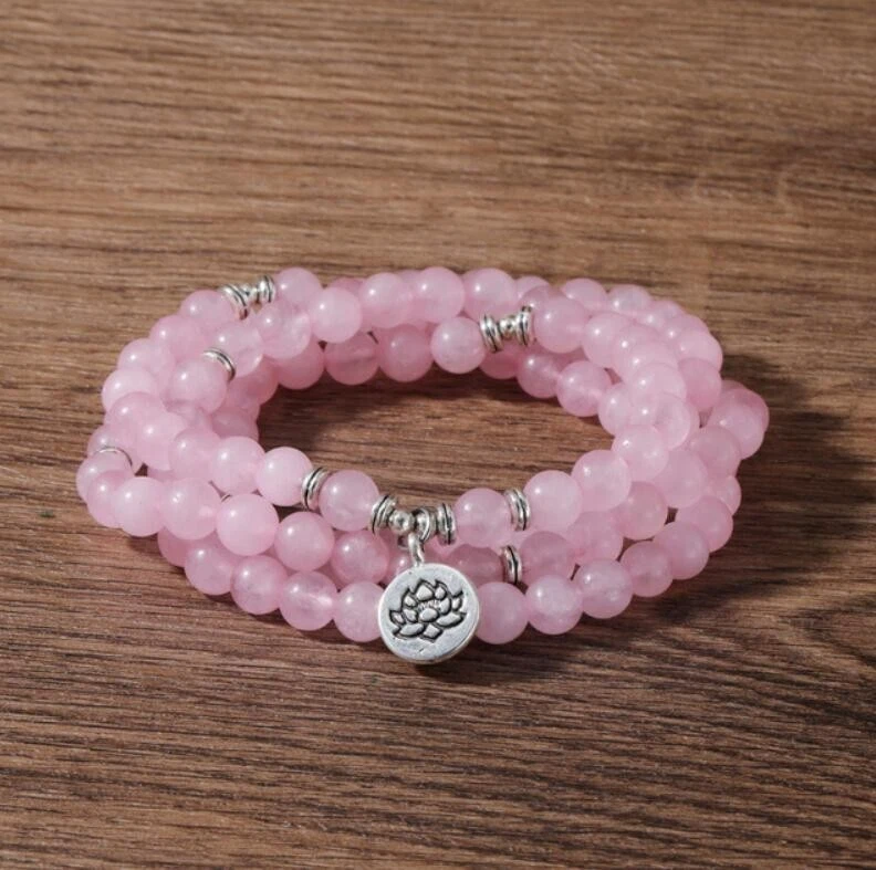 Natural 108 Mala 8 mm Beads Prayer Rose Quartz Healing Women Necklace Bracelet - Image 2 of 4