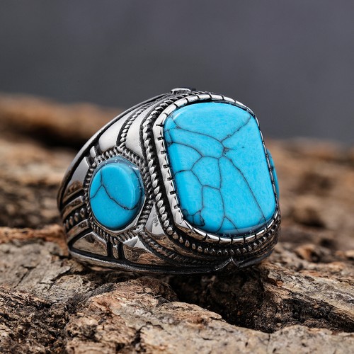 Mens Jewelry 316l stainless steel Oval blue turquoise men ring stone Size 7-15 - Picture 2 of 8