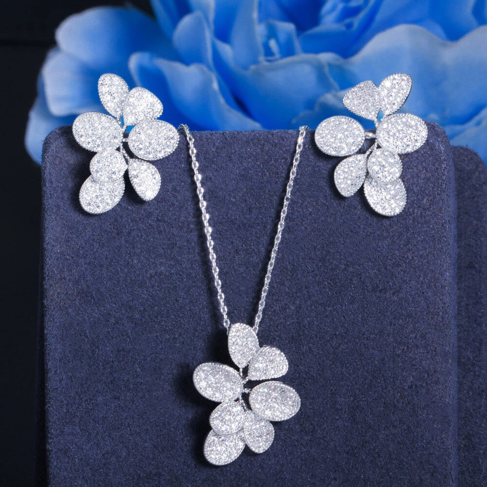 Silver Plated Cubic Zircon Leaf Necklace and Earrings Women