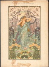 1900 Spring Lithograph by André Herpin Woman in Blue Dress Art Nouveau