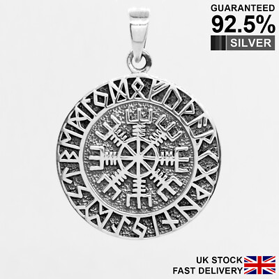 Helm of Awe Vegvisir Norse Viking Compass Rune Pendant Solid 925 Silver Quality