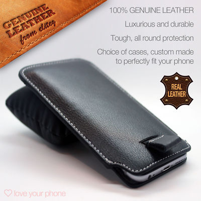 Elegante Leder Slide in Bag Etui Handy Tasche Cover Hülle mit Zuglasche Schwarz