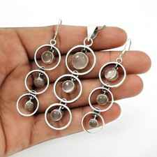925 Sterling Silver Natural Rose Quartz Gemstone Earrings Pendant Jewelry Set