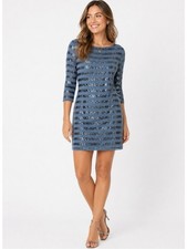 ALICE + OLIVIA 100% Silk Striped Sexy Sequined Blue Sheath Mini Dress Small