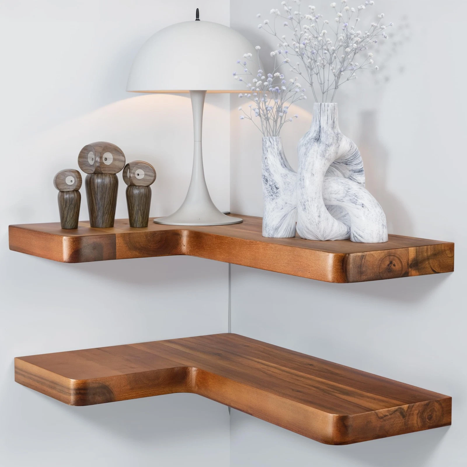BATODA Acacia Wood Corner Floating Shelves 17" x 12"– Corner Shelf Wall Mount...
