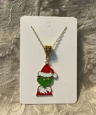 Grinch Christmas Holiday Gold Enamel Charm Adorable Boho Trendy Necklace 18”