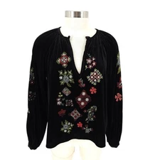 Zara Shirt Black Velvet Floral Embroidered Long Sleeve V Neck Peasant Top Small