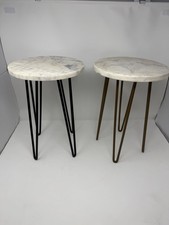 Pair Marble Top Plant Stands Hairpin Legs Side Tables 37cm Tall 25.5cm Diameter