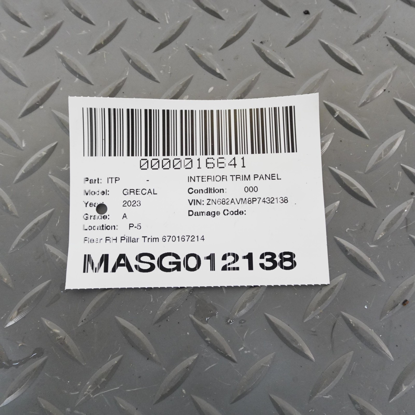 Maserati Grecale Folgore 2023-2026 Rear Right Pillar trim P/N 670167214