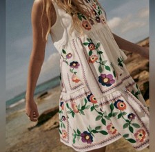 Sézane Arielle Floral Embroidered Mini Dress Ecru Multicolored FR34