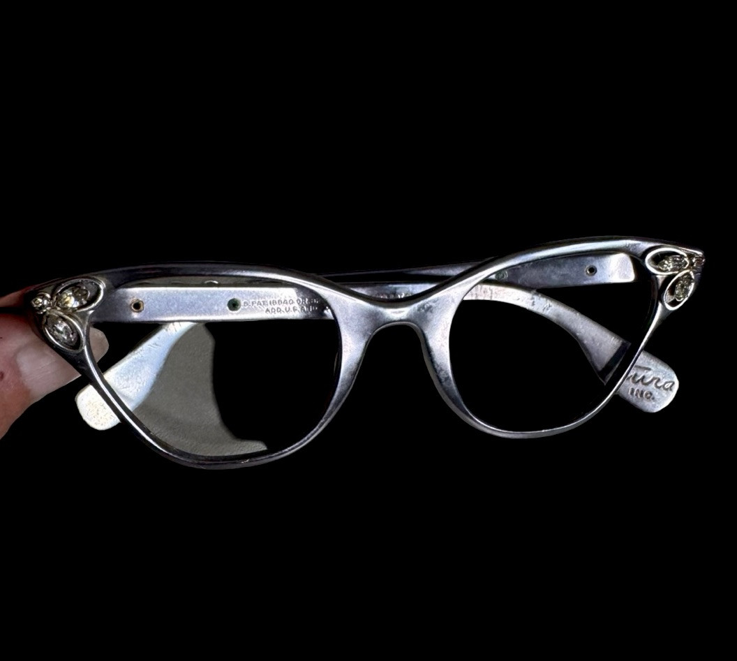 Vintage Eye Glasses TURA INC. Cat Eye Silver Aluminum Frames 