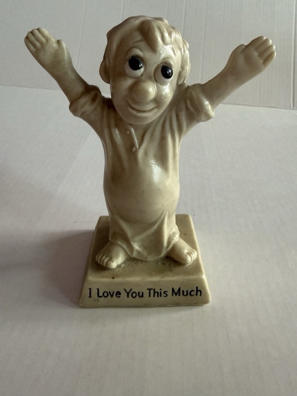 White Glossy Ceramic Child Figurine Arms Raised on Base "I Love You This Much"