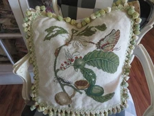 Vintage Aubusson style FRENCH COUNTRY Needlepoint Pillow Butterfly & Figs