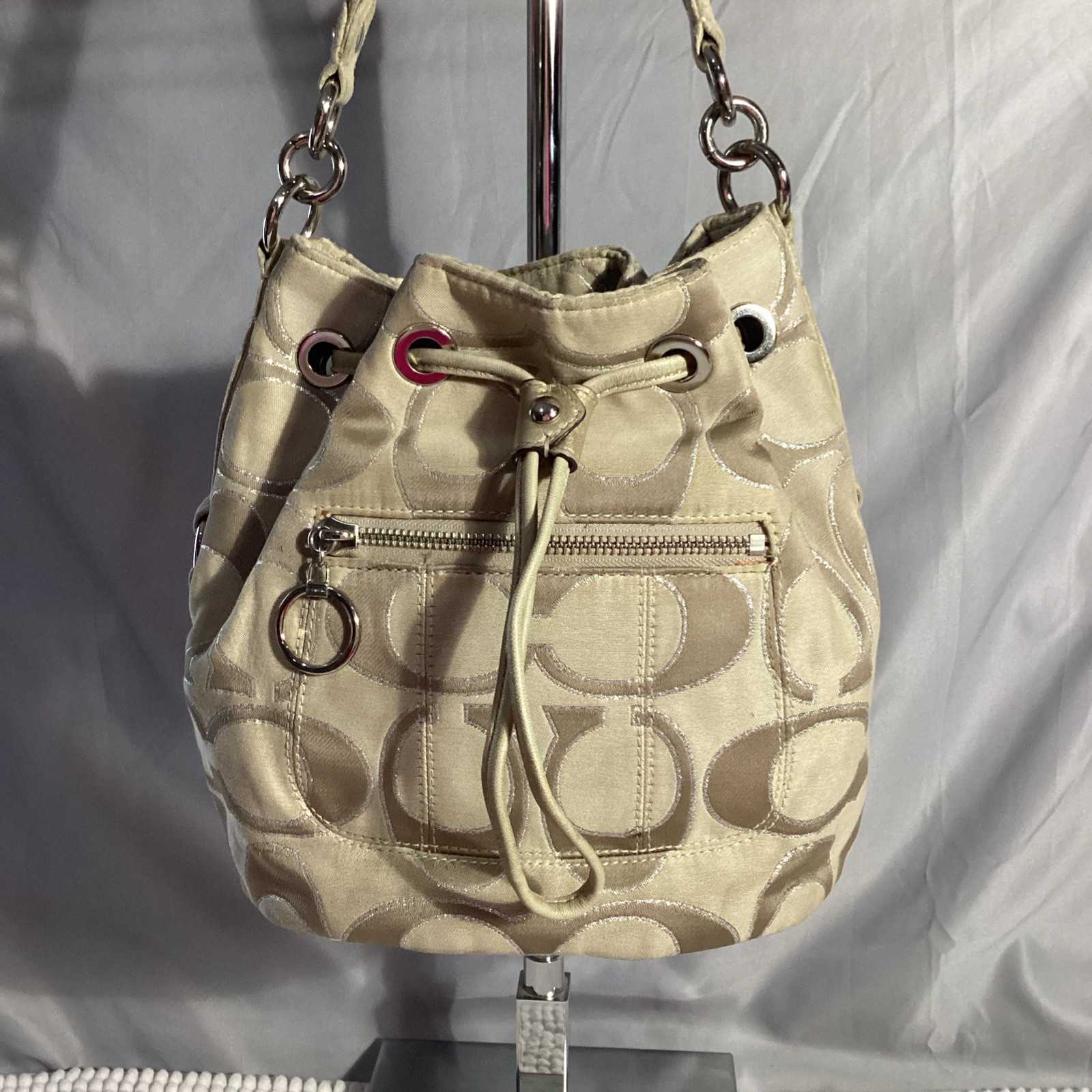 Coach Signature Tan Poppy Lurex Drawstring Bucket Shoulder Bag #17930 thumbnail 11