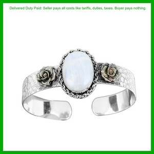Authentic Crown Chakra Rainbow Moonstone Stone Bezel Flower Bangle 18K Gold Plated Silver