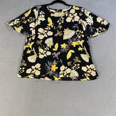 Loft Women's Black & Yellow Floral Short Sleeves Blouse, Lightweight, Size XS