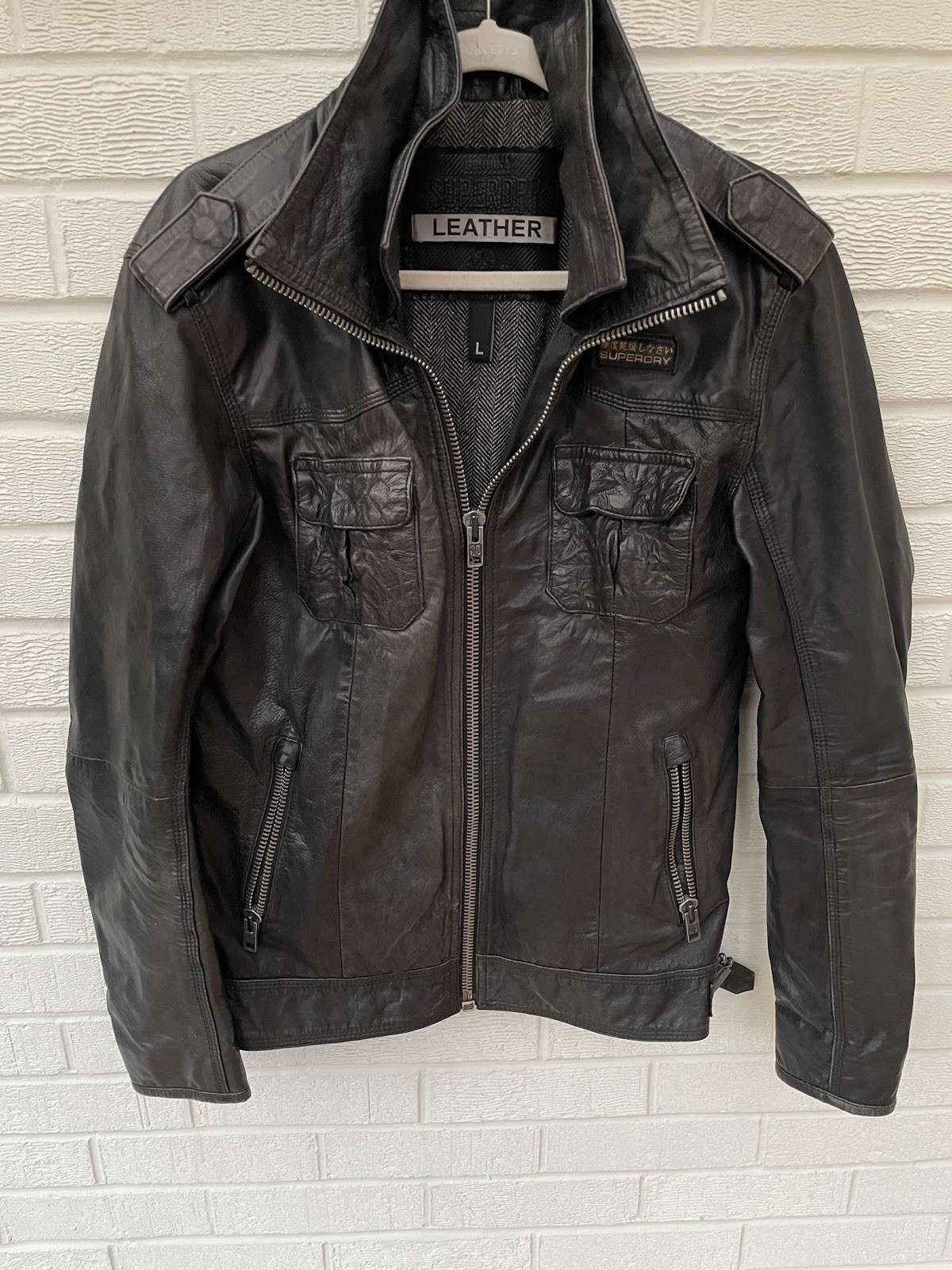 SUPERDRY Jacket Mens Large Black Brad Leather Biker Racer Motorcycle Full Zip