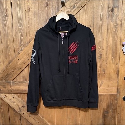 Bangarang Bruce Lee Dragon Graphic Full Zip Hoodie Black/Red Cotton Fleece XL