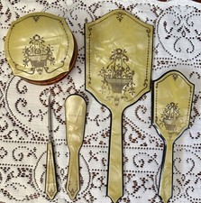 Vtg ART DECO Pearlized YELLOW Celluloid 6 Piece Vanity Set Hand Mirror Brush ...