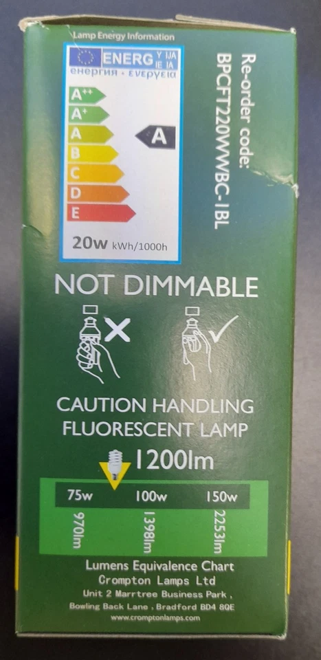 Crompton Lamps 20W T2 Ultra Mini Spiral Rapid Start Bulb, Energy Saving - Image 3 of 4