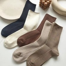 5-PACK WOMEN'S RIBBED MID CREW CUTE SOLID ANKLE SOCKS SET PACK WHITE BROWN BLACK