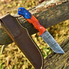 Full Tang Damascus Steel Handmade Tanto Hunting Knife with Sheath, Custom Resin