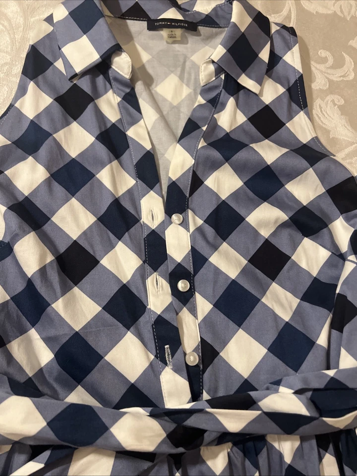 Vestido para mujer Tommy Hilfiger azul/blanco a cuadros mezcla de algodón talla S Foto 3 de 4