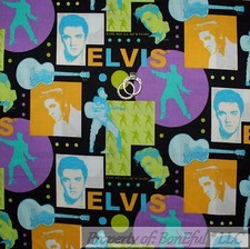 BonEful Fabric FQ Cotton Quilt Black Purple Green ELVIS Presley Face Music Block