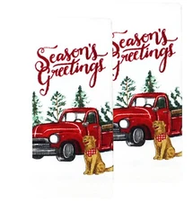 Kitchen Hand Towels Velour Terry Set of 2 Vintage Red Truck Dog Christmas