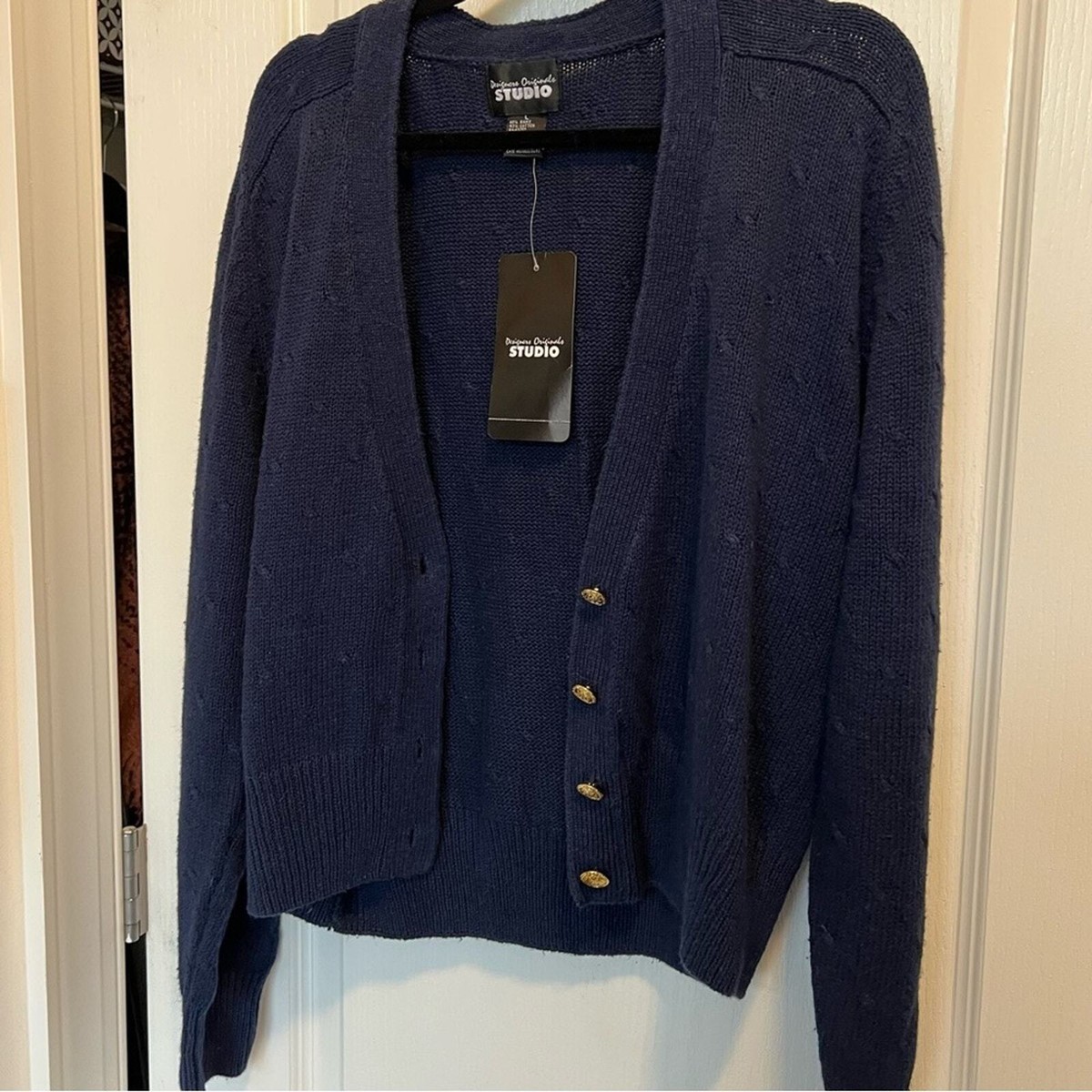 NEW Old stock vintage Navy blue cardigan sweater chunky knit gold