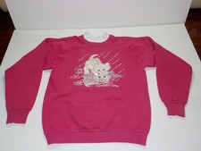 Vtg 1980s Women  s Pullover Sweatshirt Pink Size S/M Kitten Cat Graphic