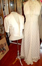 Vtg Early 70s Boho Halter Jacket Handmade Cotton Long Dress sz S 32 36 Beige