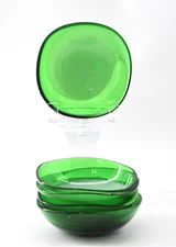 Vintage Set of 5 Sanyu? Art Glass Green White Marbled Bowls Dishes 5.25"