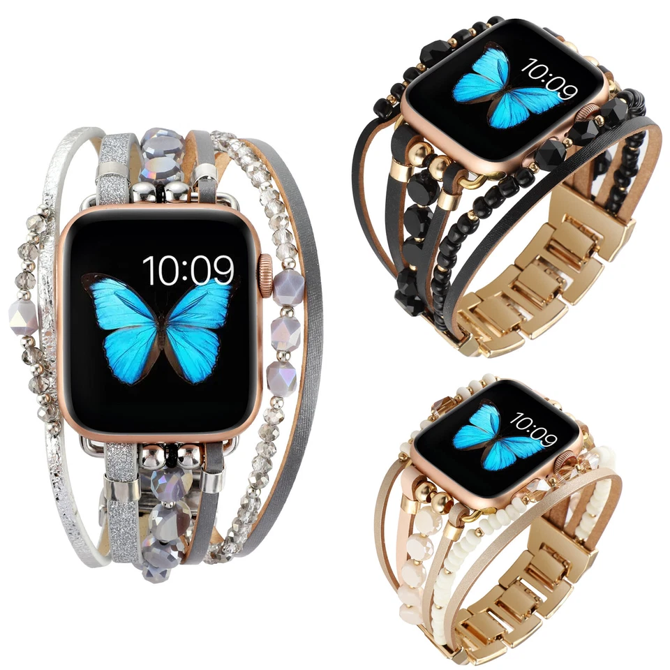 Glitter Beads Bangle Metal Strap For Apple Watch Series 8 7 6 5 PU Leather Band - Image 2 of 4
