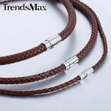 4/6/8MM Brown Braided Cord Rope Man-made Leather Necklace Gift w/ Magnetic Clasp